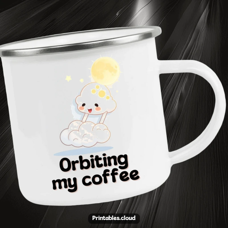 Funny camping mug showing a happy cloud character bouncing the moon like a ball, perfect for enjoying drinks in nature.