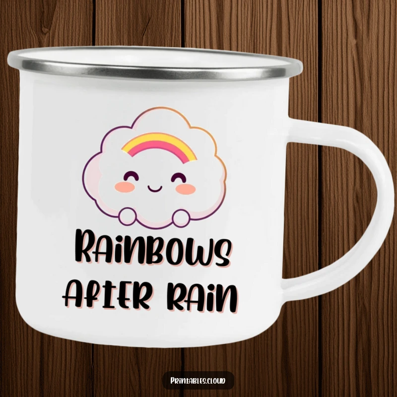 Funny camping mug with a smiling cloud character offering a glowing rainbow, perfect for outdoor enthusiasts and cheerful drinks.