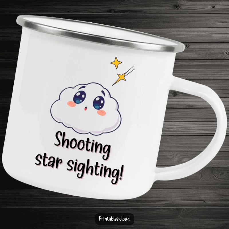 Funny surprised cloud character, wide-eyed at a shooting star, on a sturdy camping mug, for humorous outdoor adventures.