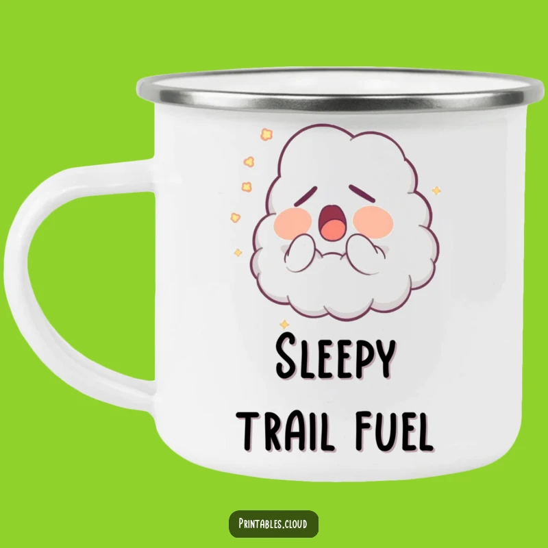 Funny Sleepy Cloud Camping Mug: Yawning Character, Glowing Dust, Outdoor Humor Gift