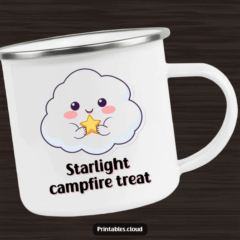 Funny camping mug showing a smiling cloud character offering a sparkling star, perfect for outdoor adventures and adding magic.