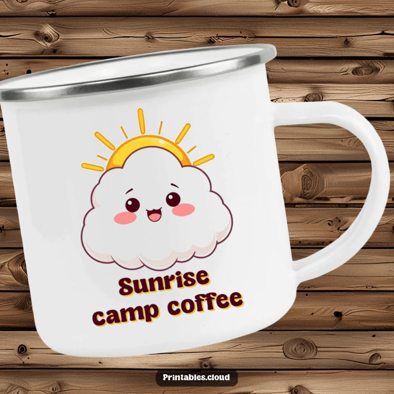 Funny camping mug showing a cloud character offering a warm ray of sunshine, perfect for enjoying warm drinks outdoors with a cheerful vibe.