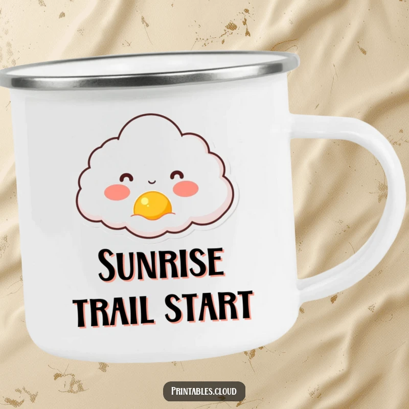 Funny enamel camping mug with a rosy-cheeked cloud character watching a tiny sun rise, perfect for enjoying optimistic sips.