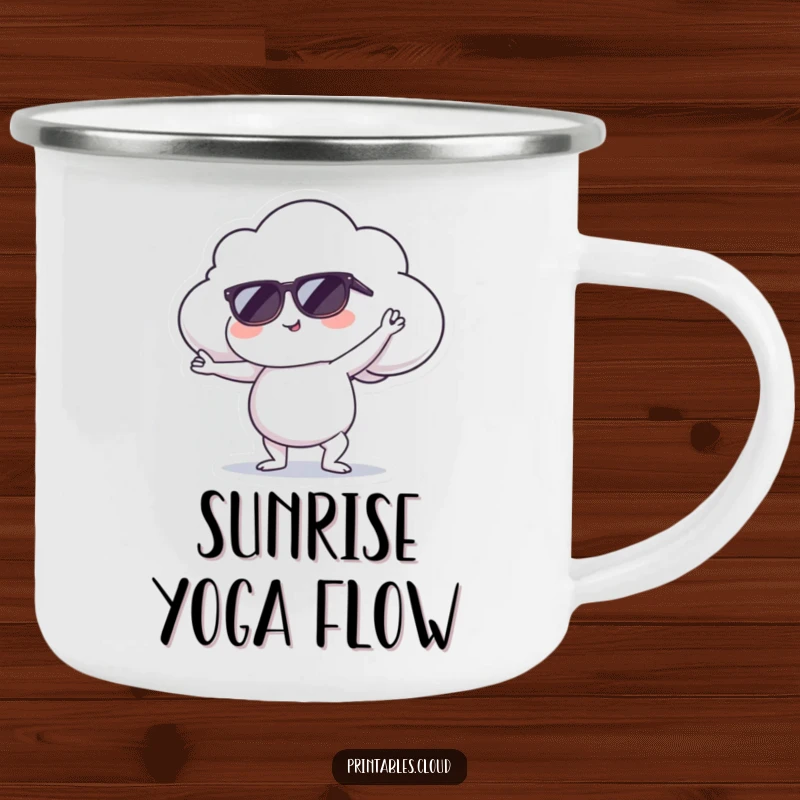 Funny camping mug with a cool cloud in sunglasses doing a yoga pose, perfect for enjoying drinks during outdoor activities.