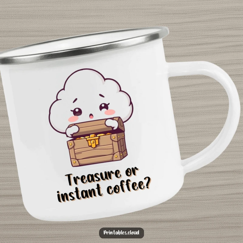 Funny enamel camping mug featuring a cloud character with surprised eyes, opening a treasure chest, ready for adventure.