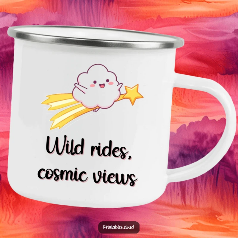 Funny Camping Mug: A happy cloud character rides a shooting star with arms outstretched, ideal for cosmic outdoor fun.