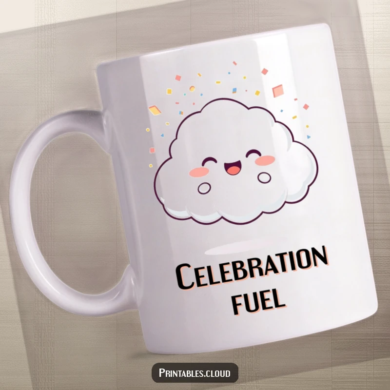Funny Mug: A joyful cloud character is showering down confetti made of sparkling light particles, spreading happiness.