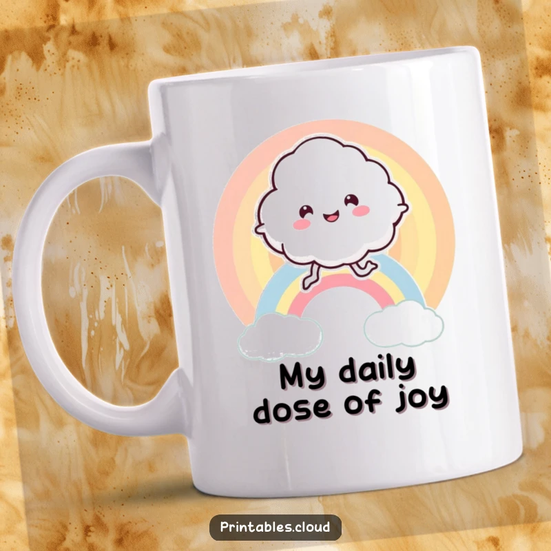 Funny mug featuring a leggy, happy cloud character joyfully bouncing high on a vibrant rainbow.
