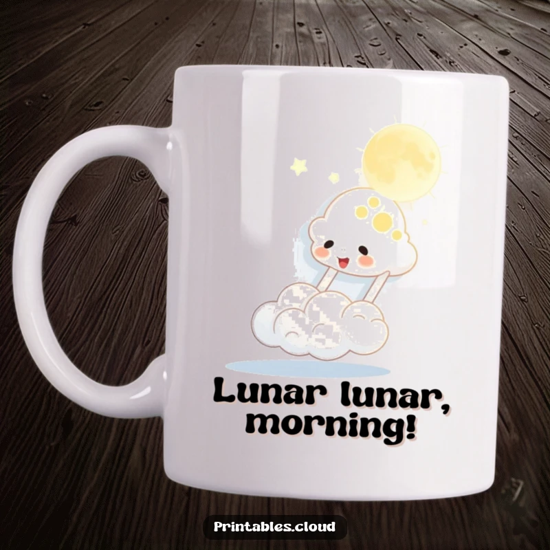 Funny mug showing a joyful cloud character gleefully bouncing the shimmering moon like a playful ball, radiating pure amusement.