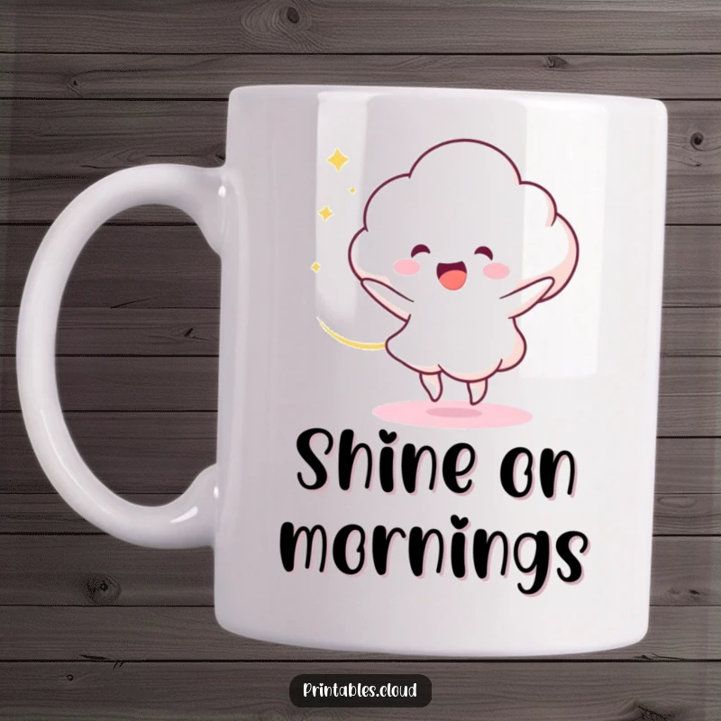 Funny Mug: A delighted cloud character is joyfully dancing, leaving behind a beautiful swirl of light, radiating happiness.