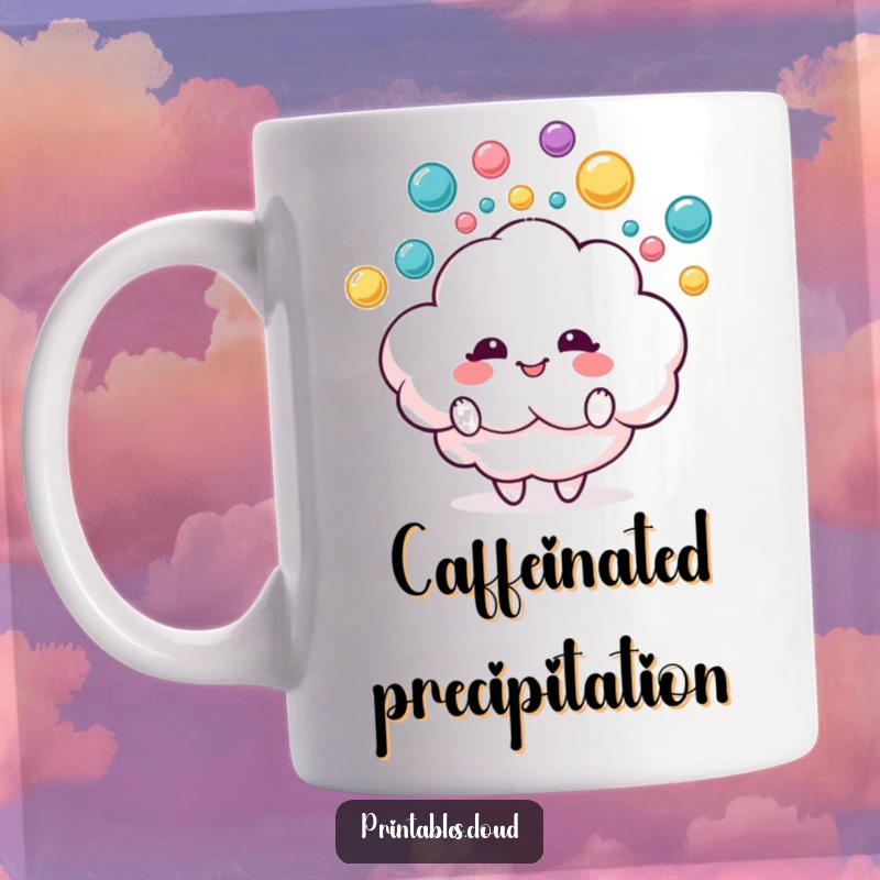 Funny mug with a fluffy cloud character joyfully juggling colorful raindrops, showcasing pure delight and playful skill.