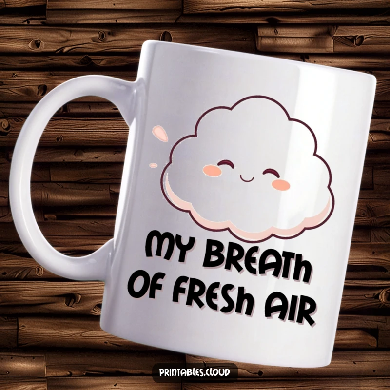 Funny giggling cloud mug, blowing a gentle fluffy breeze, adding a touch of cheerful humor to your drinkware.