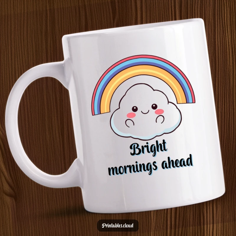 Funny happy cloud floating with rainbow arching over it art on a mug, cheerful, vibrant, great funny gift.