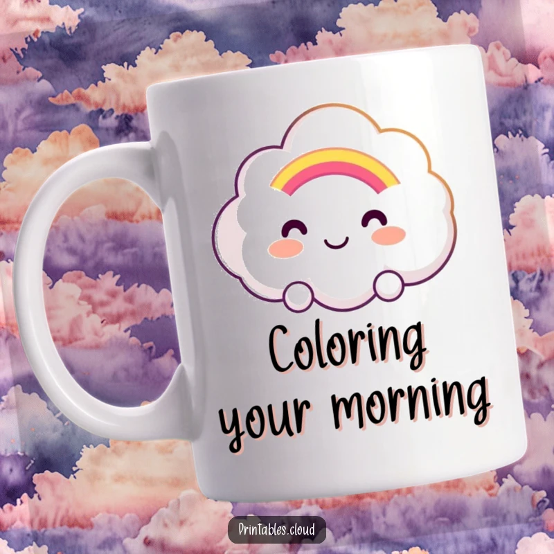 Funny mug featuring a smiling cloud character presenting a beautiful, soft, glowing rainbow, radiating warmth and happiness.