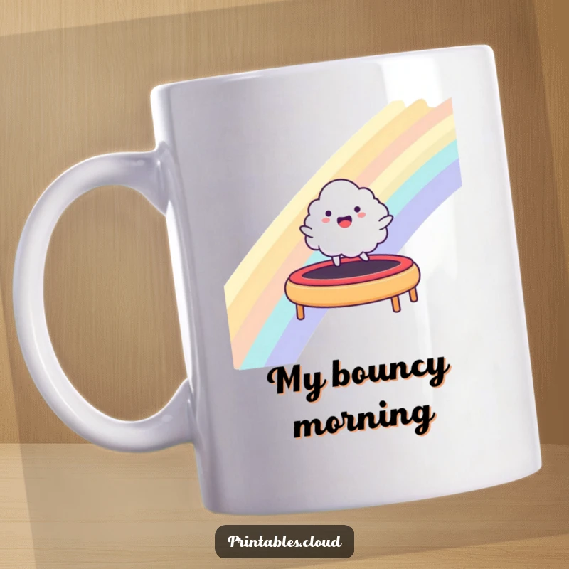 Funny mug featuring a happy cloud character joyfully bouncing on a vibrant rainbow like a trampoline, symbolizing carefree happiness.