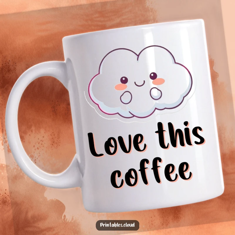 Funny mug with a cheerful, heart-shaped cloud character floating happily, radiating love and positive vibes.