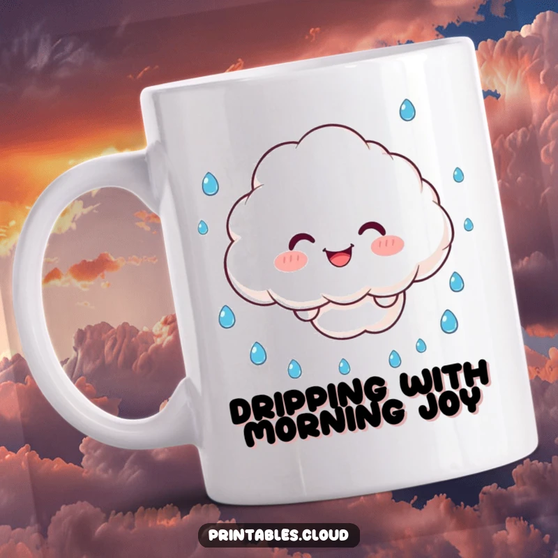 Funny Mug: A fluffy cloud character with a beaming smile juggles raindrops, showcasing playful weather control.