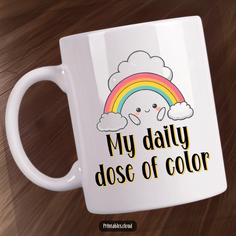 Funny mug with a mischievous cloud character playfully creating a miniature rainbow arch, showcasing a sense of fun and creativity.
