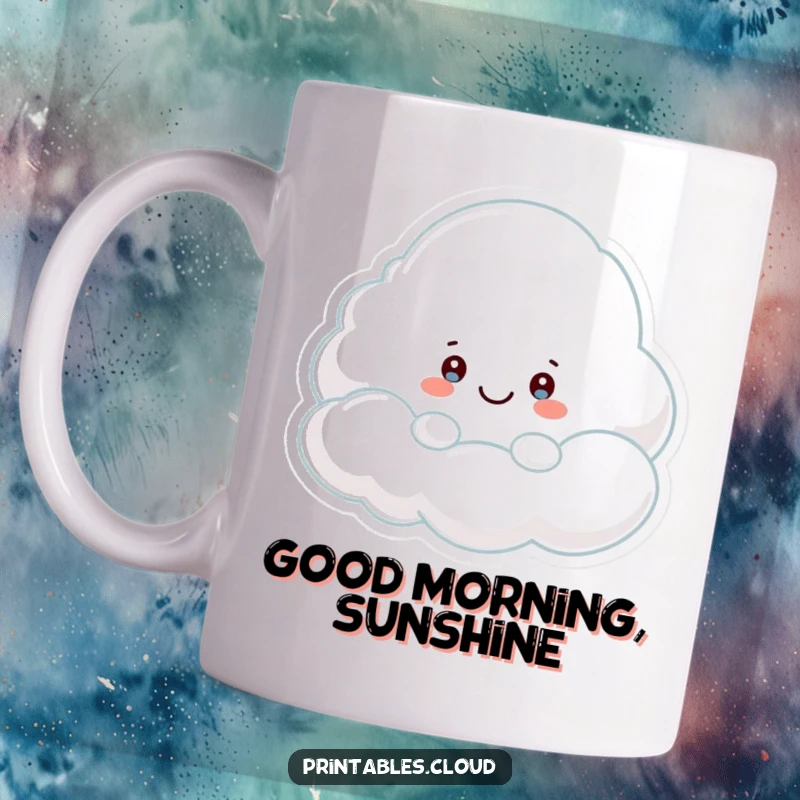 Funny Mug: A shy cloud character playfully peeking out from behind a larger, smiling, friendly cloud.
