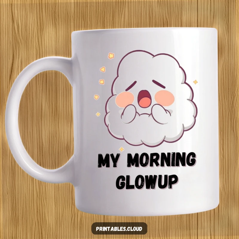 Funny Mug: A sleepy cloud character is yawning adorably, releasing soft, glowing dust for a humorous and charming effect.