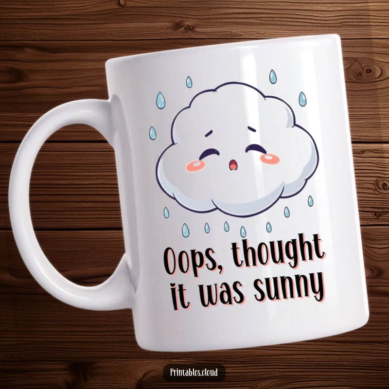 Funny surprised cloud mug, blinking as raindrops fall, showcasing a humorous reaction to unexpected weather.