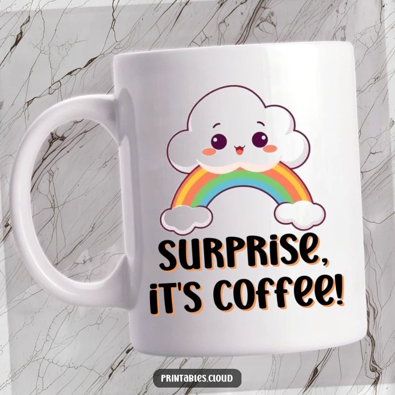 Funny Mug featuring a surprised cloud character peeking over a colorful rainbow, expressing wonder and delight.