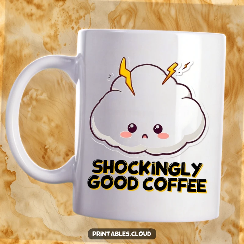 Funny mug showing a surprised cloud character with bright lightning bolts bursting outwards, conveying shock and humor.