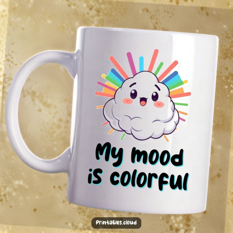 Funny mug showing a surprised cloud character bursting with a vibrant rainbow of colors, symbolizing joy and surprise.