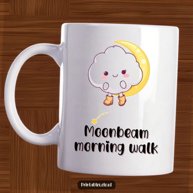 Funny cheerful cloud character, wearing tiny boots, tiptoeing on a moonbeam, on a ceramic mug, a whimsical gift.