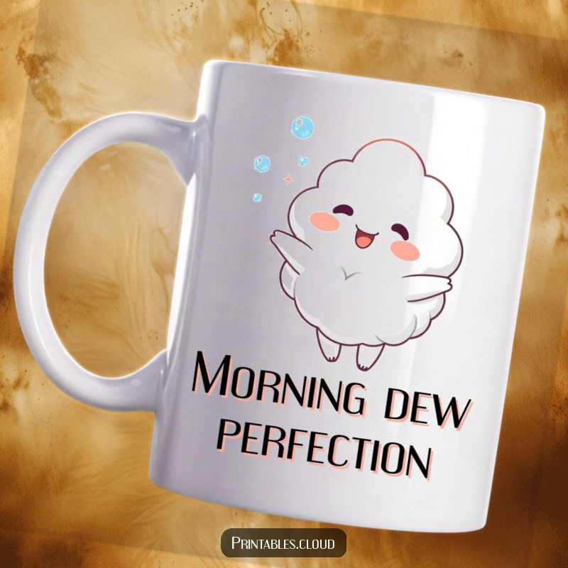 Funny Mug: Cheerful cloud character joyfully juggling tiny, twinkling dewdrops, radiating pure happiness and lightheartedness, a great gift.
