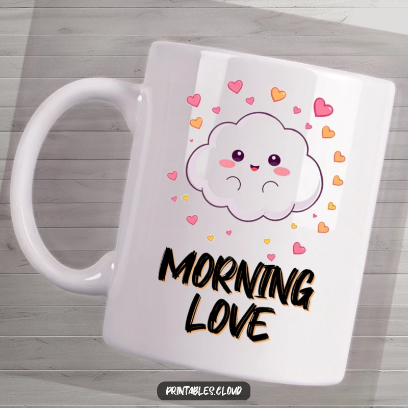 Funny Mug: A fluffy cloud character is playfully raining tiny, colorful hearts, spreading love and joy.