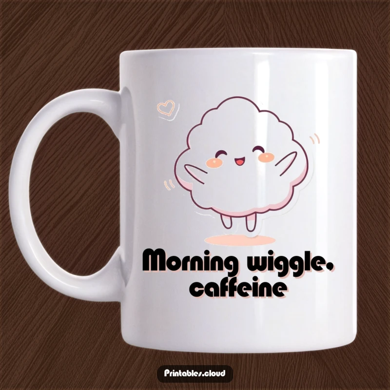 Funny mug featuring a joyful cloud character performing a silly dance amidst a gentle breeze, embodying pure fun and lightheartedness.