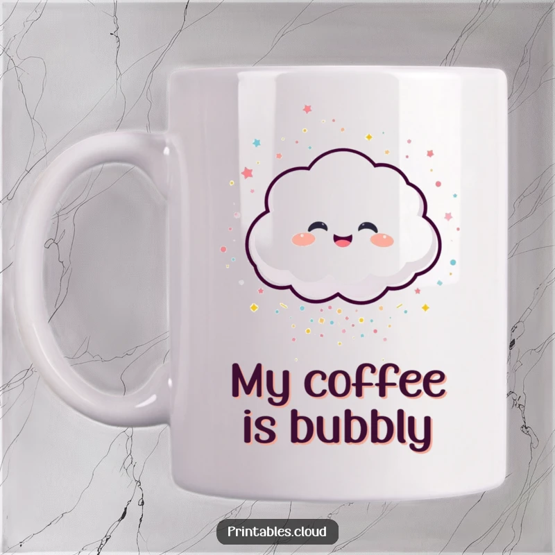 Funny mug featuring a giggling cloud character joyfully spilling sparkling confetti from its edges.