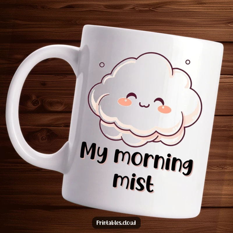 Funny giggling cloud character, creating intricate misty shapes, on a ceramic mug, a whimsical and humorous gift.