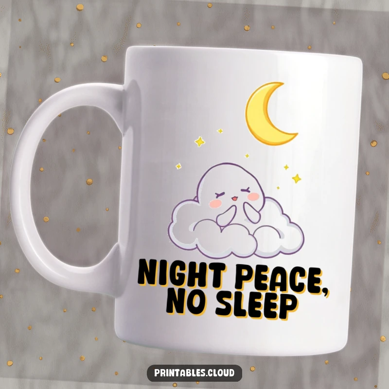 Funny mug with a smiling cloud character singing a gentle lullaby to a happy crescent moon, evoking peace and bedtime joy.
