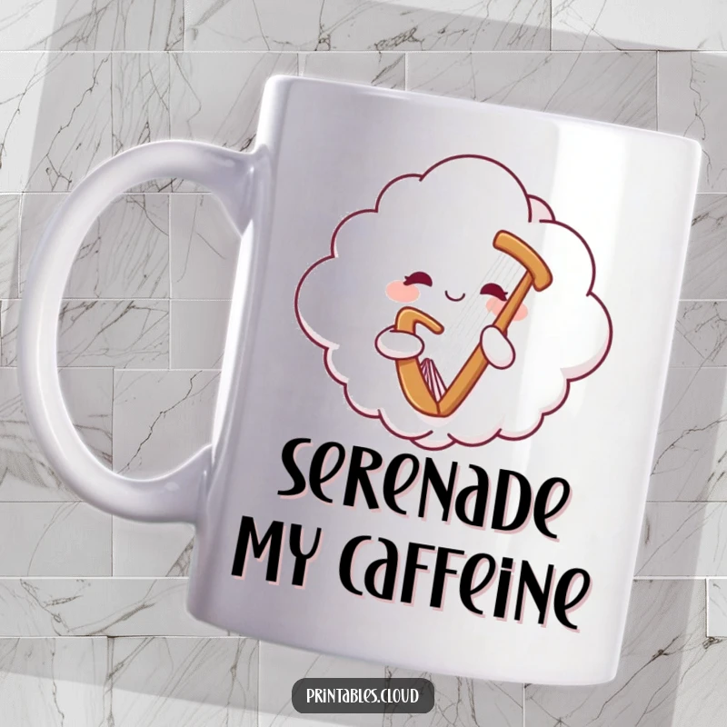 Funny mug showcasing a happy cloud character floating serenely while playing a gentle harp, radiating peaceful cheerfulness.