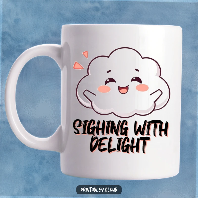 Funny mug depicting a content cloud character with closed eyes and a gentle smile, letting out a blissful, happy sigh.