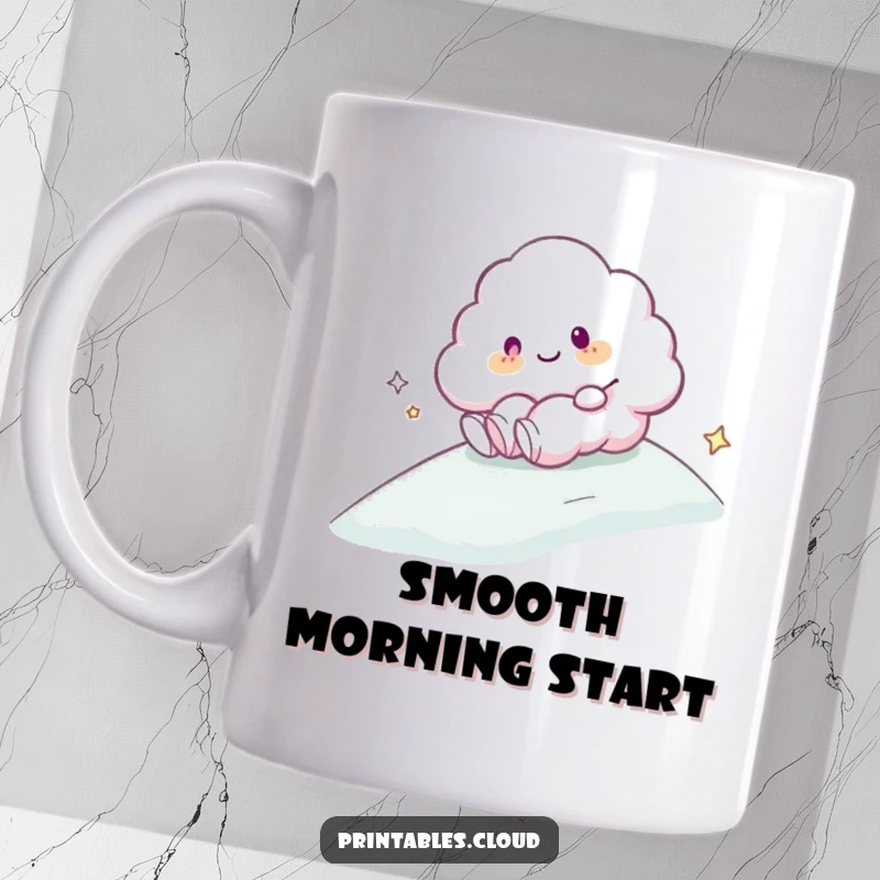 Funny Mug: A happy cloud character joyfully sliding down a gentle, misty slope, embodying effortless fun.