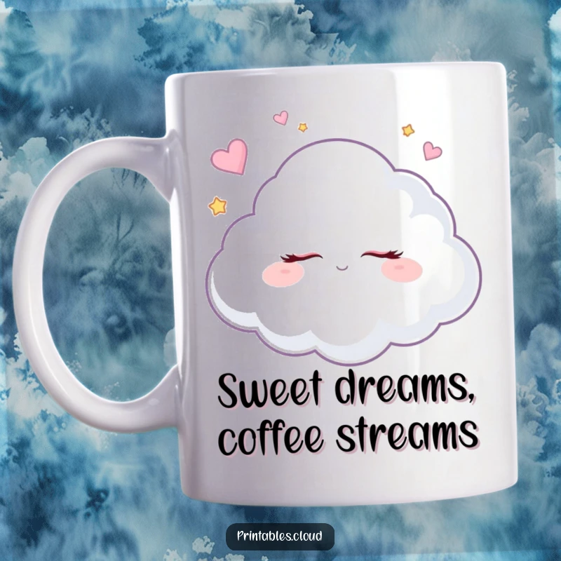 Funny dreaming cloud mug with eyes closed, envisioning sugar plums, perfect for a whimsical and humorous coffee experience.