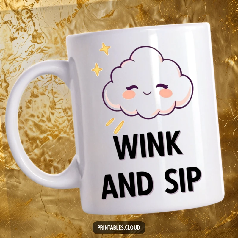 Funny Mug: A winking cloud character playfully winks, leaving a shimmering trail of glitter behind, expressing charm.