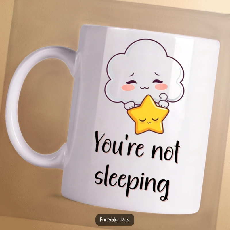 Funny mug showing a cheeky cloud character puffing playfully at a tired star, creating a scene of lighthearted teasing.