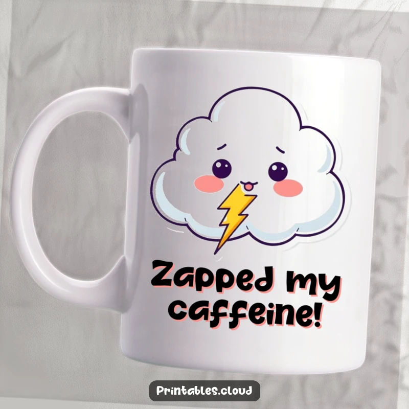 Funny Surprised Cloud Mug featuring a shocked cloud character startled by a tiny, giggling lightning bolt, capturing a moment of playful alarm.