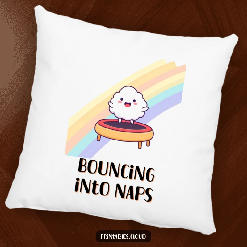 Funny pillow featuring a happy cloud character bouncing on a rainbow trampoline, offering comfort and playful cheer.