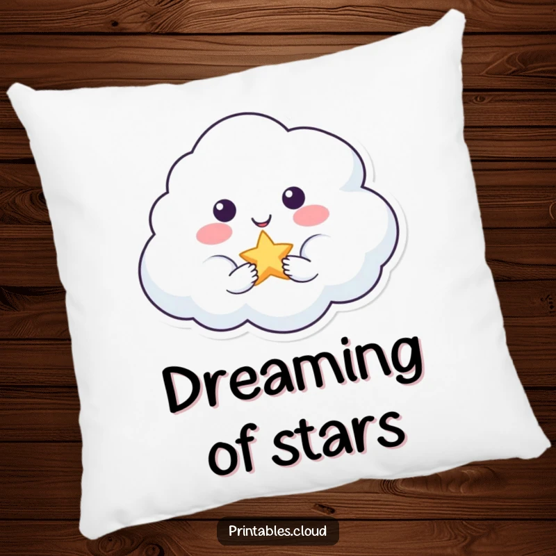 Funny pillow featuring a smiling cloud character holding a tiny, sparkling star, offering comfort and whimsical charm.