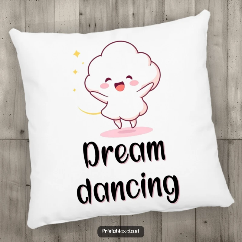 Funny Pillow: A delighted cloud character dances with a vibrant swirl of light, offering a humorous and cozy touch.