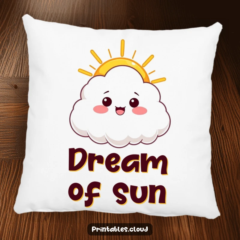 Funny decorative pillow with a cloud character offering a warm ray of sunshine, perfect for adding comfort and a cheerful touch.