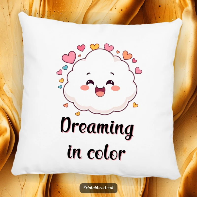 Funny pillow featuring a fluffy, grinning cloud mascot playfully raining down a multitude of colorful heart shapes.