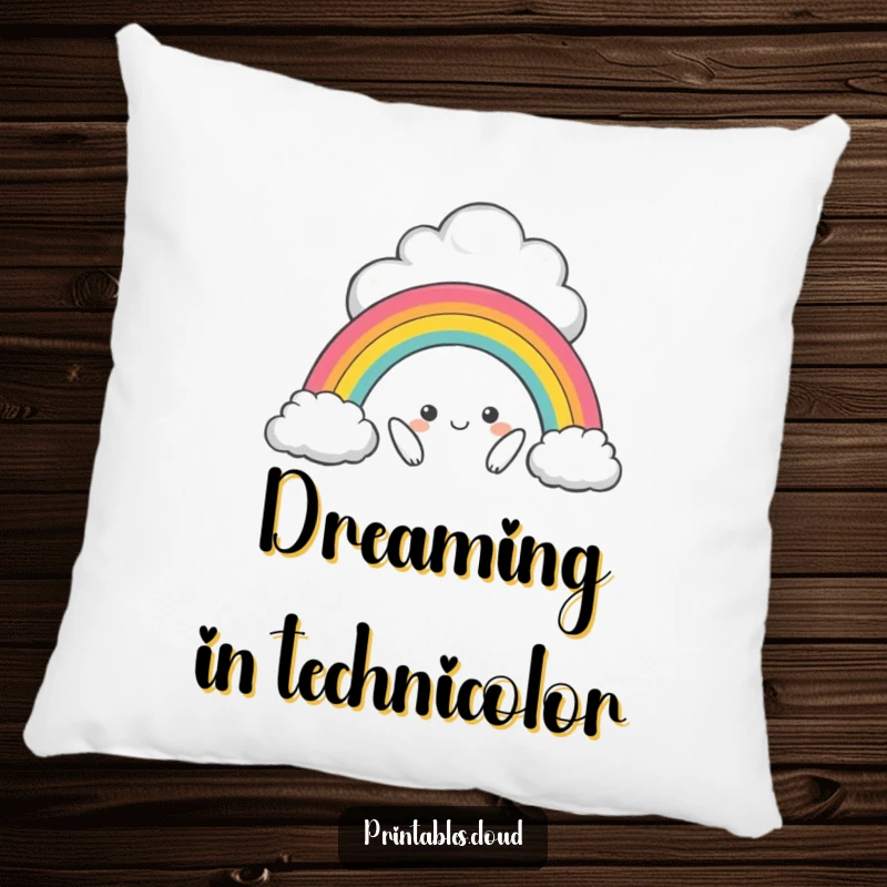 Funny pillow with a mischievous cloud character creating a miniature rainbow, offering comfort and a touch of playful art.