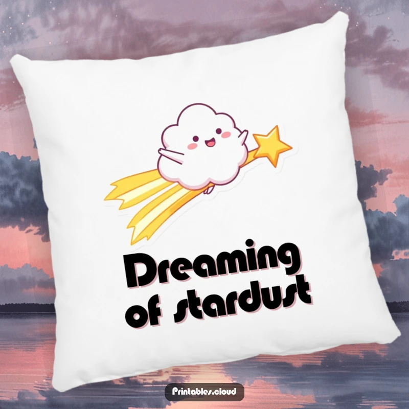 Funny Pillow: A happy cloud character rides a shooting star with arms outstretched, adding soft, cosmic humor.