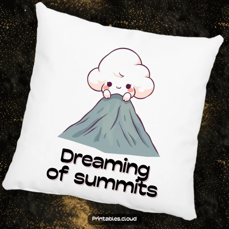 Funny curious cloud pillow, peeking over a mountaintop, a soft and humorous decor item for relaxation.